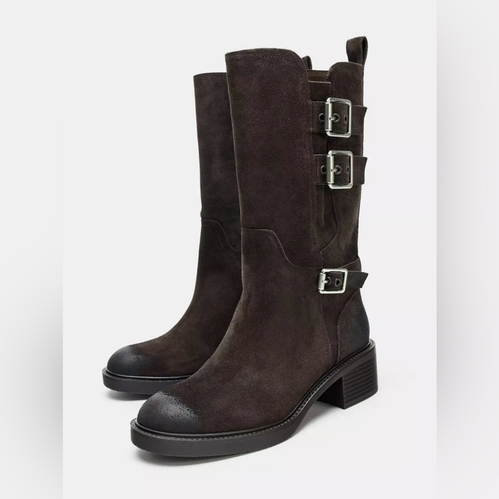 Zara Brown Combat Moto Suede Split Leather Buckled Calf High Ankle Boots - Picture 11 of 17